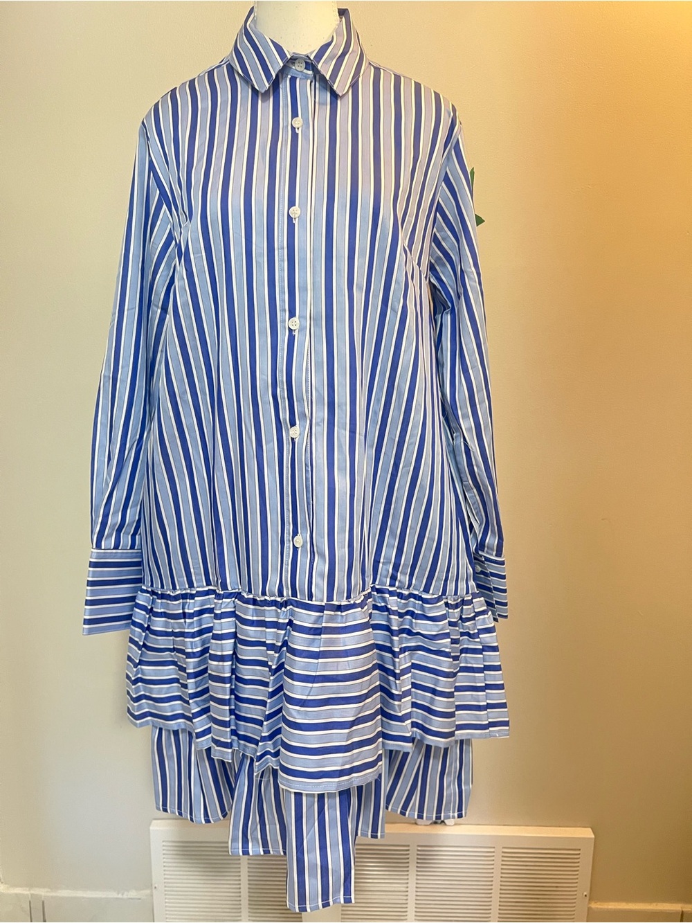 The Sleep Shirt Blue and White Striped Button-Down Ruffle Hem Shirt Dress